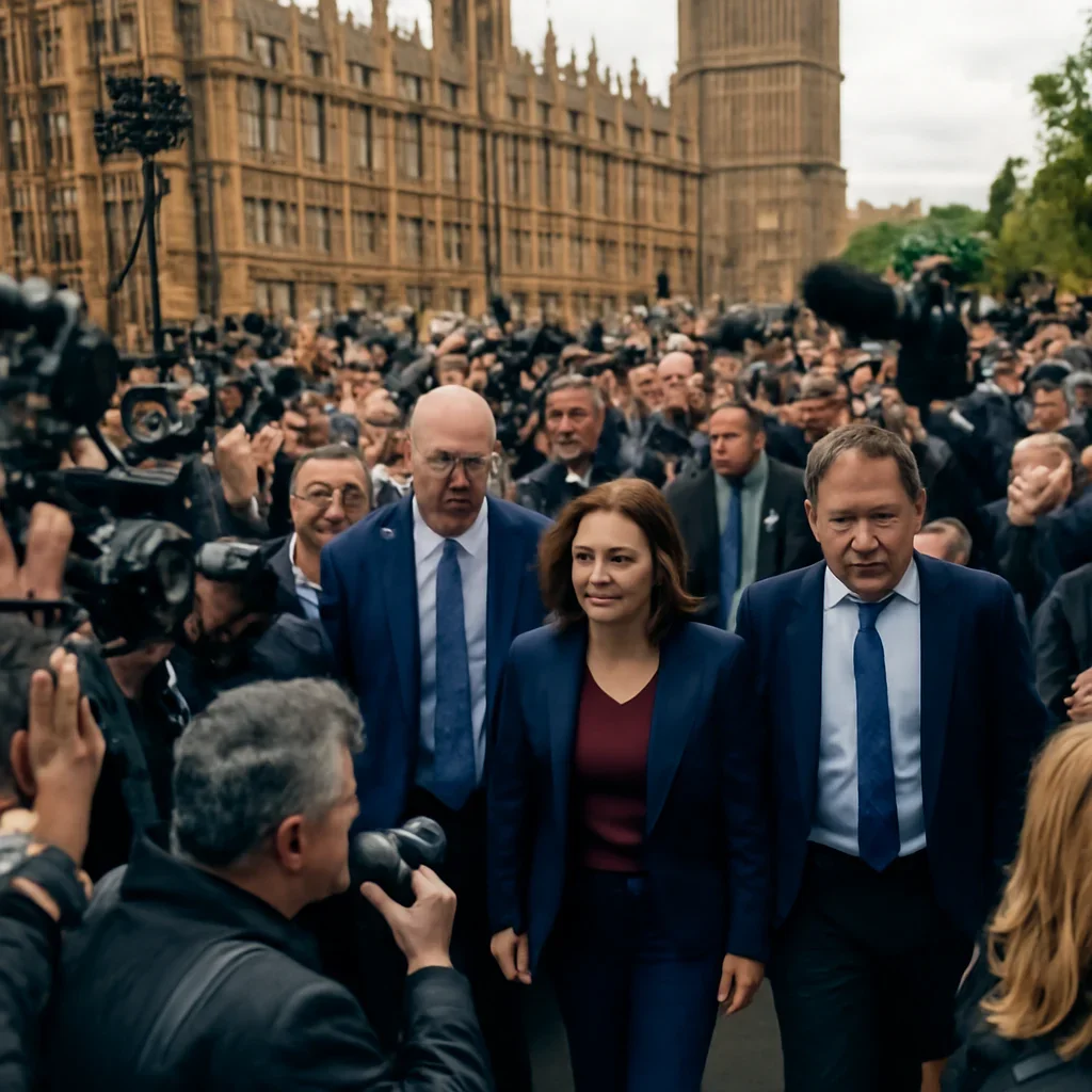 Crowd outside Westminster with camera crews and MPs arriving, energetic but neutral documentary photograph
