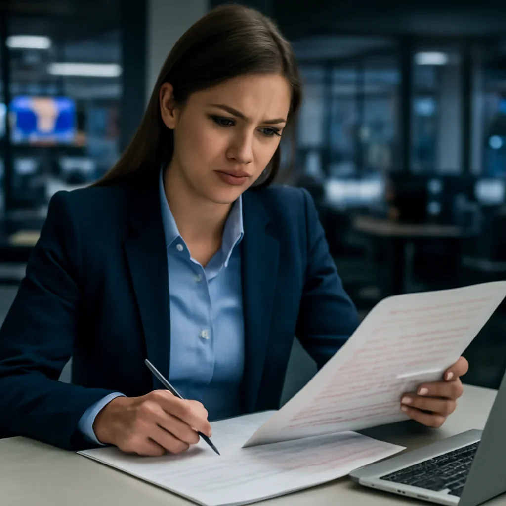 Political reporter reviewing annotated briefing papers beside a laptop in a modern newsroom